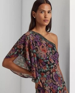 Ralph Lauren Floral Crinkle Georgette One-Shoulder Gown - size 2 - Black multi - Picture 1 of 7