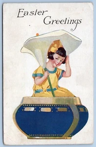 EASTER GREETINGS Girl In vase Easter Lilly Postcard c1928 #C12 - Picture 1 of 2