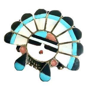 Vtg Zuni NA J+M Sterling Silver Inlaid Turquoise Coral Onyx MOP Pendant Brooch - Picture 1 of 8