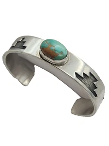 Navajo Signed GH Bracelet Nevada Gem Mine Turquoise Cabachon Sterling Silver 37g - Picture 1 of 6
