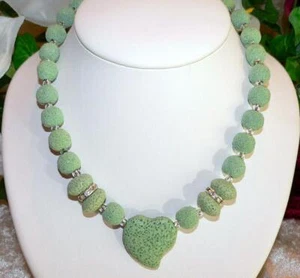 Halskette Collier Lava Perlen 12mm, Anhänge HERZ 32x30 hellgrün grün Strass 485i - Bild 1 von 8