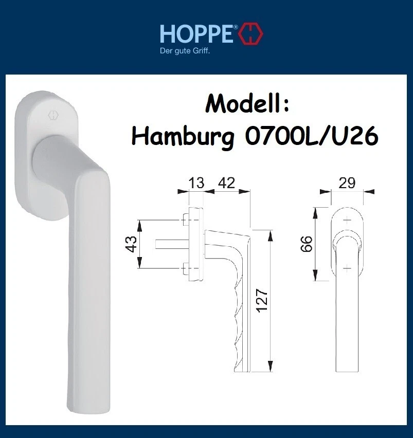 HOPPE Fenstergriff Hamburg 0700L/U26 Aluminium F9016 verkehrsweiß Vierkant: 7mm