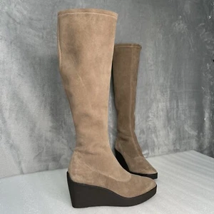 $348 Donald J Pliner LARK Stretch Tall Almond Suede Wedge Pull-On Boots Size 7.5 - Picture 1 of 15