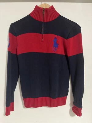 Ralph Lauren Polo Sweater Boy Large Navy Blue Red BiG Pony Knit Zip Kids Youth - Image 1 of 4