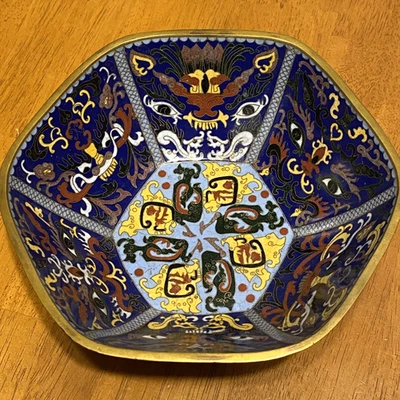 Tigela de esmalte vintage fina chinesa olhos de dragão cloisonné 8" hexágono cobalto pesado - Imagem 1 de 4