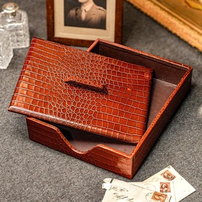 Luxurious Antique Leather Crocodile Alligator Pattern Office Desk Paper Tray - Image 1 of 4