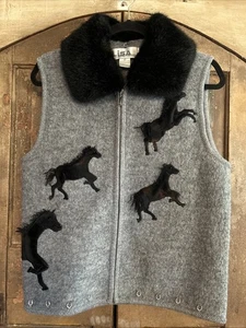 Lisa International Womens Gray Wool Vest Horse Faux Fur Detach Collar Size M - Picture 1 of 10