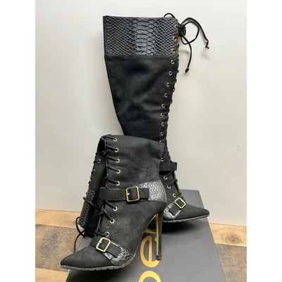 Botas hasta la rodilla Bebe Beverly negras de gamuza con estampado de serpiente con cordones talla 6 nuevas Foto 1 de 4