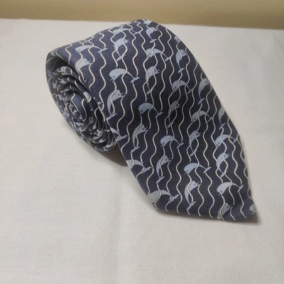 Hermes Silk Tie Navy Blue Dolphin Animal Print Made in France 3.3" (READ) - Image 1 of 4