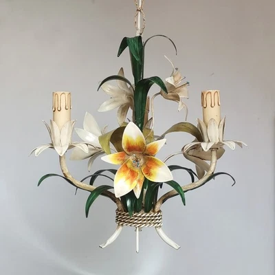 VINTAGE ITALIAN FLORENTINE TOLEWARE CHANDELIER CEILING LIGHT 3 ARMS LILY FLOWERS - Image 1 of 4