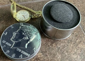 Watch In JFK HALF DOLLAR TIN WITH Pocket Watch. - Picture 1 of 9