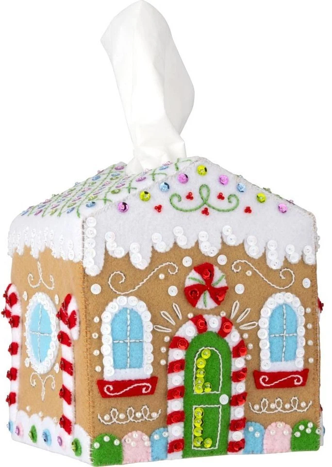 Bucilla Gingerbread Cottage Tissue Box Cover Felt Applique DIY Crafts 89781E