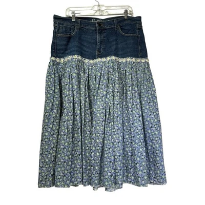 Old Navy Sweetheart Upcycled Denim Floral boho long modesty Skirt Size 14 - Image 1 of 4