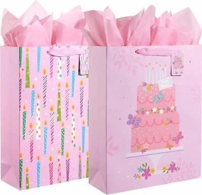 SUNCOLOR 2 Pack 16" Extra Large Gift Bags with Tissue Paper for Girls Birthday Party Bags