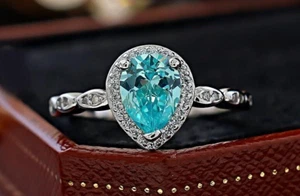 1.5ct Luxury Teardrop Lab Grown Aquamarine Ring in 18K Gold Vermeil Vintage - Picture 1 of 14