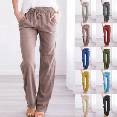 Mujeres Pantalones Sueltos Cintura Elástica Cordón Damas Causal Pierna Ancha Pantalones Lisos Foto 1 de 4