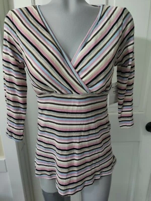 Bundle of Joy Maternity Top Pink Blue Brown Striped V Neck 3/4 Sleeve Size M NWT - Image 1 of 4