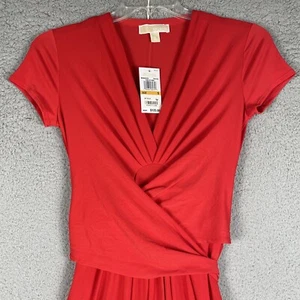 Michael Kors Dress Womens Sz S Red High Low Faux Wrap V Neck Stretch Classy Chic - Picture 1 of 11