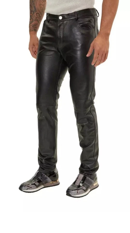 Mens Biker Jeans Real Black Or  Cow Leather Sleek And Sexy 501 Style Pants New. - Image 1 of 4
