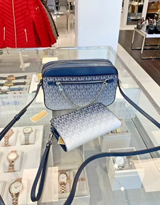 Michael Kors Large EW Crossbody Bag Chain Strap & Double Zip Wallet Combo (Navy) - Picture 1 of 11