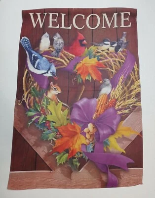Bienvenida Casa Otoño Bandera 27x39" Ardilla Azul Jay Cardenal Pájaros Hojas Corona Foto 1 de 4