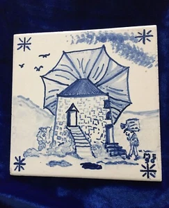 Vintage Portuguese Blue and White Handpainated Windmill Ceramic Tile 6" x 6" - Picture 1 of 8