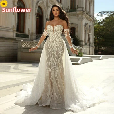 Sexy Mermaid Wedding Dresses V-Neck Detachable Train Lace Appliques Bridal Gowns - Image 1 of 4