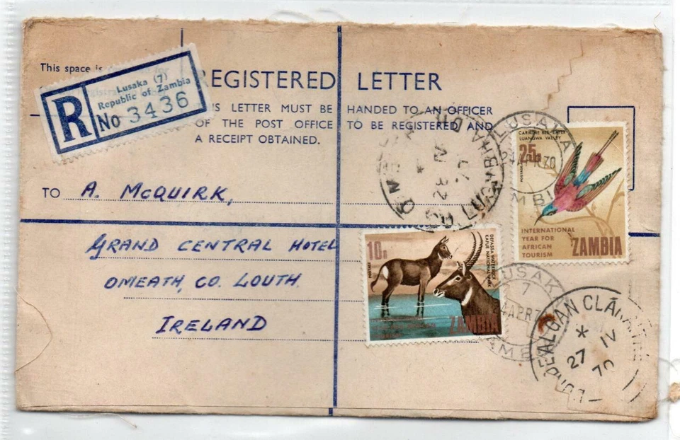 ЗАМБИЯ: 1970 Зарегистрированная обложка в Ирландию (C68961) - Изображение 1 из 1