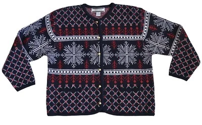 Кристалл Кобе женский свитер кардиган размер XL снежинки рождественские пуговицы винтажный - Изображение 1 из 4