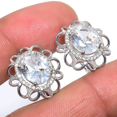 白色黄玉镀铑 925 银锁背耳环 0.74" S273 — 第 1/4 张图片