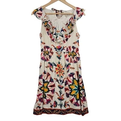 ECI New York Tropical Batik Mini Dress V Neck Resort Vacation Ruffled - Image 1 of 4