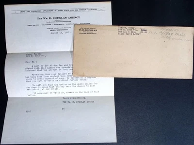 1937 Wm E Douglas Agency Kelso WA Collection Letter With Envelope Vintage - Image 1 of 4