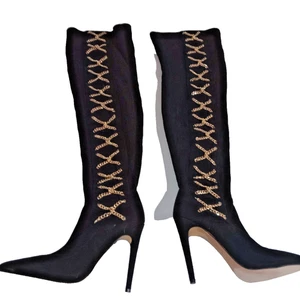 JENNIFER LOPEZ OVERKNEE-STILETTO-STIEFEL AUS KUNSTWILDLEDER GRÖSSE 6,5. Ketten siehe Fotos - Bild 1 von 8