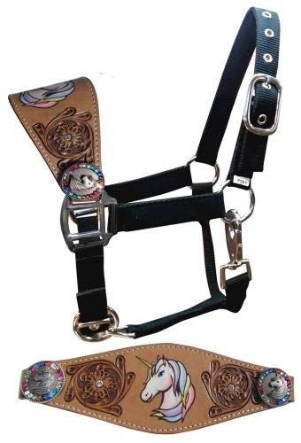 Halter de bronce de cuero Showman Pony con unicornio pintado y cristal arco iris Foto 1 de 1