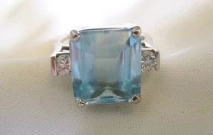 6 Ct Emerald Sky Blue TOPAZ + 2 Diamonds (30 Pt) 14K White Gold Ring Size 7 - Picture 1 of 12