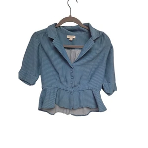 Tecovas Austin Texas Blue Pinstripe Peplum Top Short Sleeve Medium - Picture 1 of 5