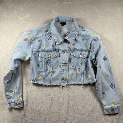 PacSun Playboy Women's XS/S Blue Cropped Distress Denim Jacket Crop AOP #1773 - Image 1 of 4