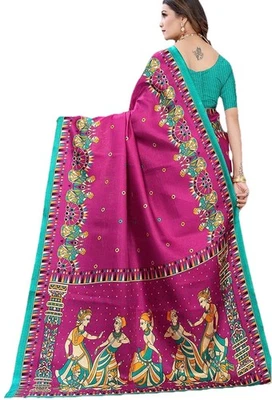 Boneco Madhubani Kalamkari novo com etiquetas roxo azul-petróleo Pallu ART seda sari com tecido BLUSA - Imagem 1 de 4