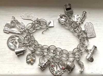 Vintage DYNASTY STERLING CHARMS On BRACELET Wearable 7 1/2” LOADED LOOK 50 Gr - Image 1 of 4