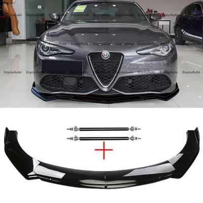 For Alfa Romeo Giulia Front Bumper Lip Spoiler + Strut Rods Glossy Black Foto 1 de 4