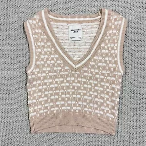 Abercrombie & Fitch Cropped Sweater Vest XXS Pullover Tan White Preppy Ivy Y2K - Picture 1 of 9