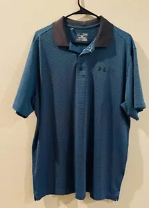 Under Armour Polo Shirt Mens Extra Large Blue Black Striped Heatgear Golf Loose - Picture 1 of 10