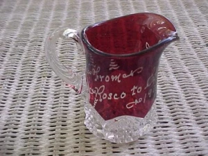 RED FLASHED GLASS CREAMER  "ROSCO TO ELNORA 1905"  KEEPSAKE - Picture 1 of 7