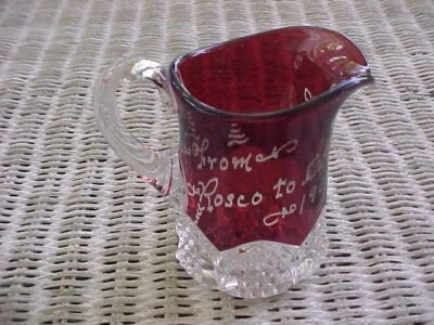 RED FLASHED GLASS CREAMER  "ROSCO TO ELNORA 1905"  KEEPSAKE - Image 1 of 4