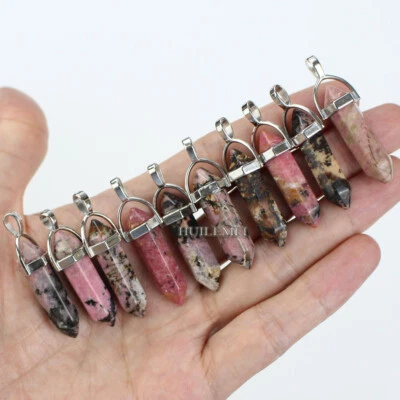 10pcs Black Rhodonite Hexagonal Pointed Reiki Chakra Pendant Bead Healing Stone - Image 1 of 4