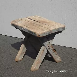 Antique Farmhouse Primitive X Shaped Blue Rustic Bench Stool ~ French Country - Picture 1 of 12
