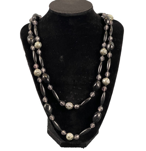 VETEMENTS Collana di Perline Multi Sfaccettate Nero Viola Argento Opera 44 Pollici