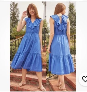 Summersalt Coastal Poplin Ruffle-Neck Midi Sundress Ocean Blue XL Brunch Nice! - Picture 1 of 10