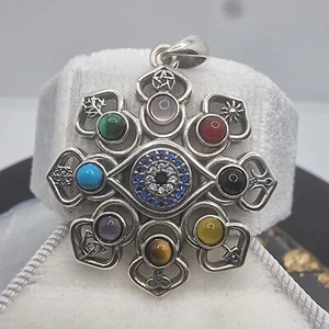 Hekate Lotus Evil Eye Pentagramm Anhänger mit bunten Edelsteinen 925 Sterling Silber - Bild 1 von 4