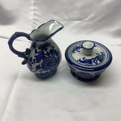 The Bombay Co 2 piece Sugar & Cream Set Blue & White Floral Ceramic New in Box - Image 1 of 4